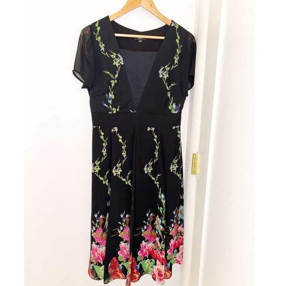 FLORYDAY MultiColor Floral & vines square cap sleeve tea length dress SZ: Medium - Picture 2 of 12